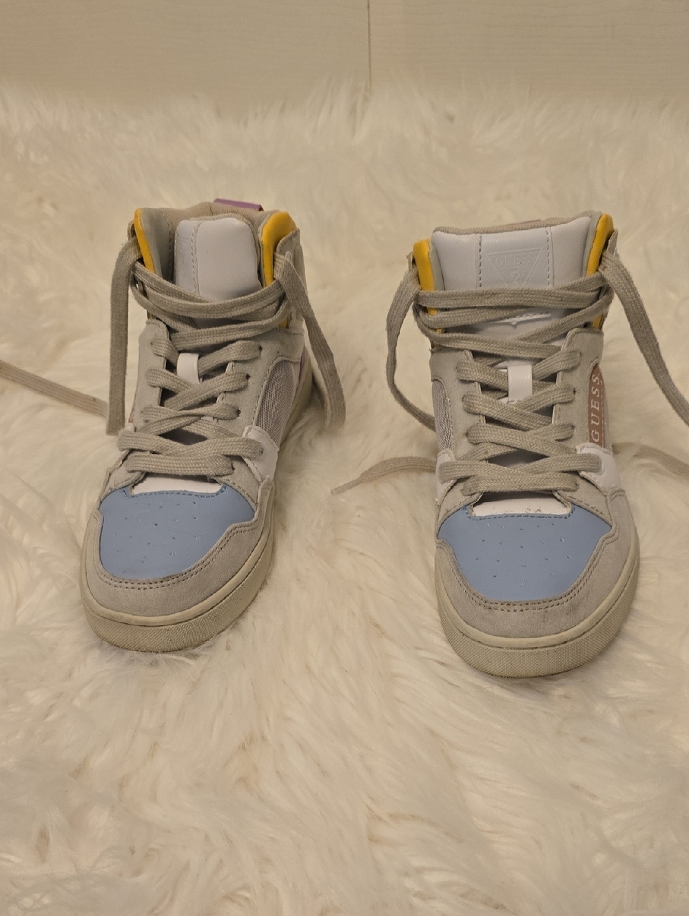 Guess Light Blue and Gray High-Top Sneakers with Yellow Accent